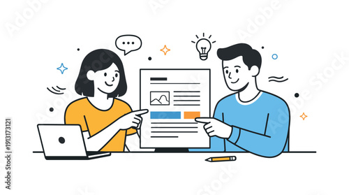 Creative brief for social post. A friendly collaboration scene where two teammates discuss a brief and point at key sections. Calm