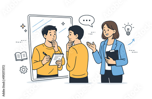 Reflective Consultation Scene. Mirror-based consultation. A client looking at their reflection while holding notes, a professional standing nearby offering