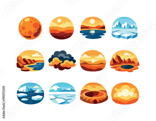 Titan. Colorful flat vector icons set of Titan: orange moon, thick atmosphere, methane lake, icy surface, rocky shoreline, hydrocarbon