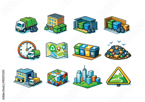 Urban waste management. Colorful isometric vector icons set of urban waste management: city street pickup, apartment dumpsters, waste