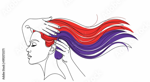 Woman with Flowing Colorful Hair Line Illustration - Creative Beauty Concept, Vibrant Red and Purple Hairstyle, Fashion Art Portrait, Modern Salon Vector Design