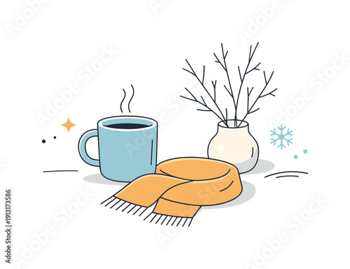 Minimal winter still life. A calm arrangement of simple winter objects like a mug, scarf, and bare branches, conveying quiet balance and