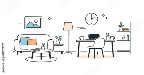 Minimalist interior scene. Simplified room with basic furniture and clean lines, calm and modern atmosphere. Few decorative objects and soft