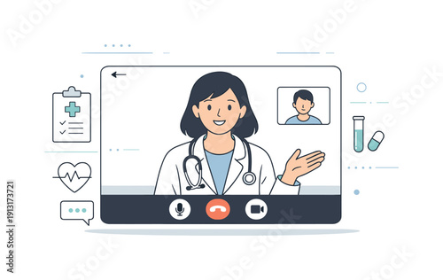 Telemedicine appointment. A doctor on a video call screen talking calmly with a patient, soft digital care and approachability. Friendly and