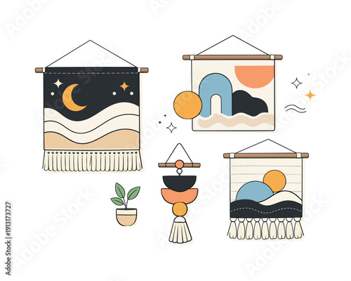 DIY fabric wall hangings and decor. Finished textile wall art hanging neatly, with abstract shapes and soft patterns gently flowing. The mood