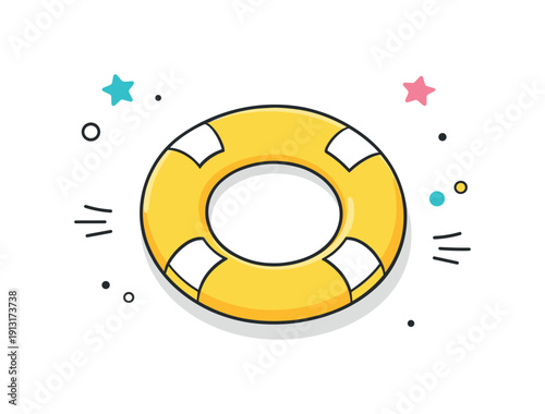 Inflatable ring flat lay minimal. Top view swim ring placed with generous negative space. Easy vacation atmosphere, simplicity and visual