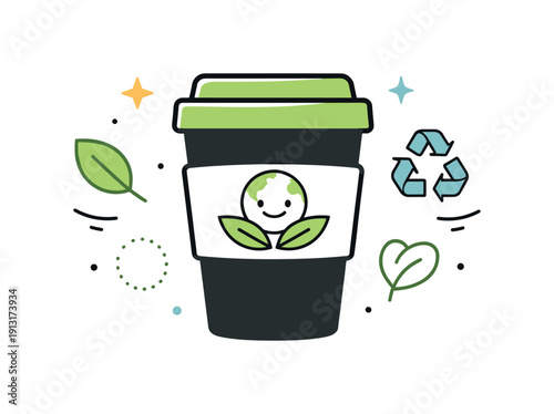 Eco-Friendly Coffee Cup. Sustainable branding concept. A reusable coffee cup with logo surrounded by subtle leaf and recycle icons. Friendly visual metaphor