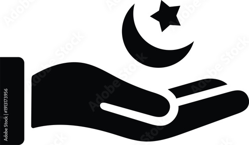 Islamic Charity Icon with Hand Holding Crescent Moon and Star. Zakat and Sadaqah Symbol for Ramadan and Islamic Giving
