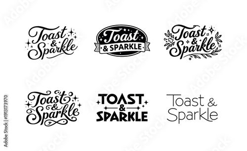 Image Generation. Toast and sparkle. Set lettering. harmonious lettering variations of the same emblematic concept, each with different artistic interpretation
