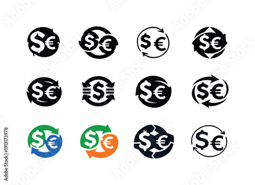 Currency exchange. Icon set. Set Logo of currency exchange: currency symbols inside circular arrows. harmonious logo variations of the same