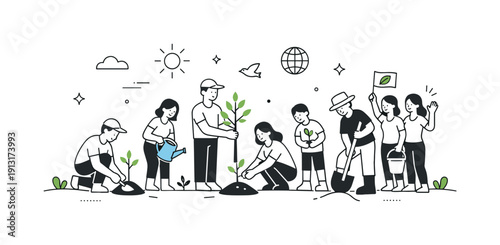 Community Tree Planting. Climate change awareness. A community planting trees together in a clean, minimal landscape. The mood represents action, unity, and