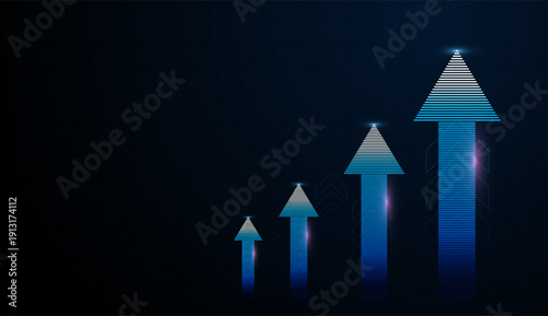 Blue light arrows rise sharply upward, creating a dynamic chart that represents finance expansion and increase. Multiple arrows point upward in a sleek digital chart