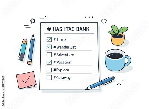 Hashtag bank sheet. Focused content planning with a printed hashtag sheet and checkmarks, preparing tags for a social media post. Calm