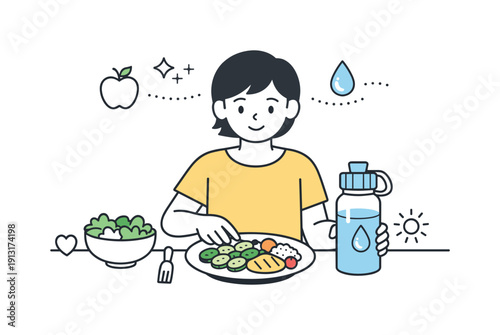 Healthy daily routine. Person preparing a balanced meal and a water bottle as part of a regular self-care habit. Quiet, practical scene with