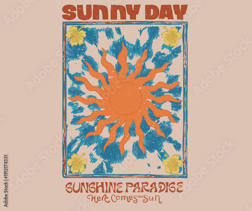 Tie dye t shirt design. Sunshine paradise artwork for t shirt print, poster, sticker, background and other uses. Feel the sunny day vibes artwork. Sunshine on my mind. Endless summer design.