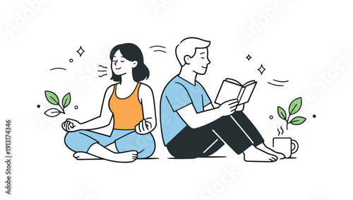 Self-care and personal growth for relationship health. Couple sitting together but focused on individual activities like reading