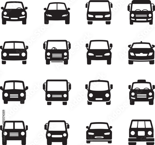 Set of 16 black car icons front view