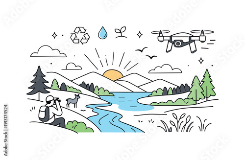 Drones used for environmental conservation. A serene final scene showing a healthy landscape observed by a small drone in the sky. Sense of