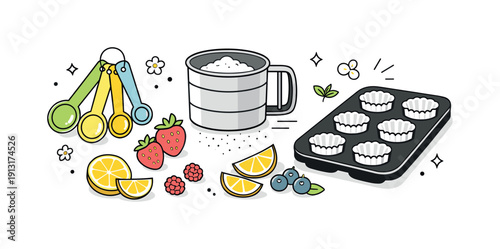 Image Generation. Bakery tools with spring accents. Measuring spoons, flour sifter and baking tray combined with fresh berries and citrus, suggesting seasonal