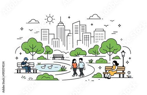 Urban park as green oasis. Tall city buildings in the background while a quiet park with trees, benches, and walking paths creates a peaceful