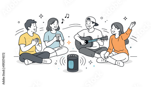 Joyful Music Gathering. Bluetooth speakers ? social gathering. Friends enjoying music together with a speaker placed in the center, light motion