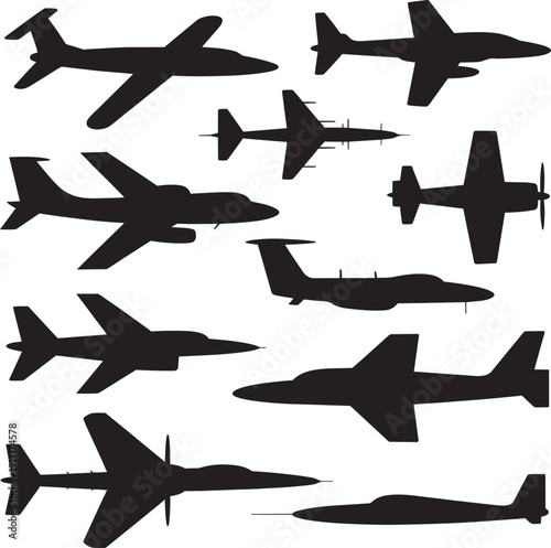 Collection of various airplane and jet silhouettes in flight