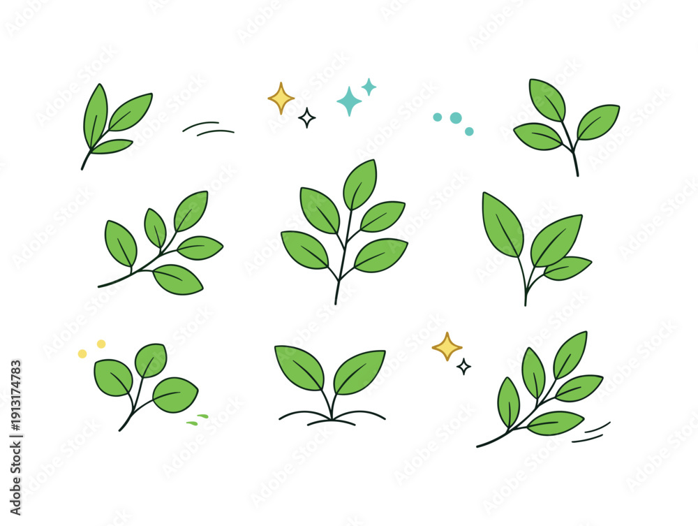 Obraz premium Minimalist Botanical Illustration. Fresh green leaves for versatile compositions. Calm botanical elements are evenly spaced, creating a clean nature-inspired