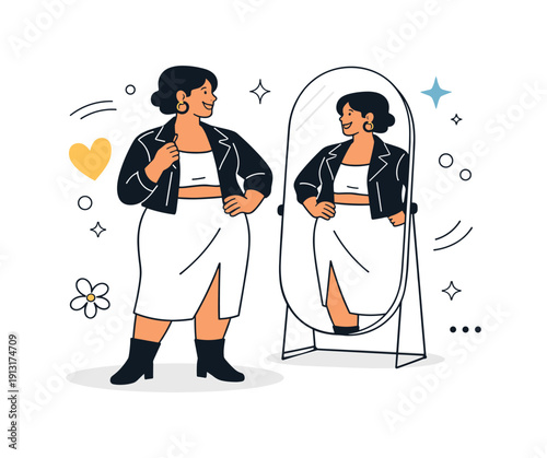 Image Generation. Body positive style. A confident character looking at their reflection while wearing a stylish outfit, with gentle decorative shapes around.