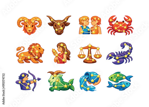 Zodiac Constellation Grid. Zodiac constellations. Colorful flat vector icons set of zodiac constellations: Aries ram stars, Taurus bull stars, Gemini twins