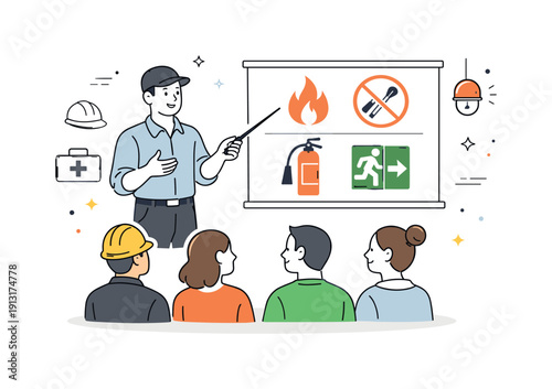 Safety training for high-risk workplaces. Instructor explaining fire safety rules to a small group, calm learning and trust. Presentation