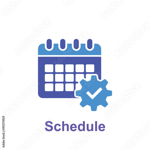 Blue calendar icon with gear symbol and checkmark signifying scheduling and organization in a minimalistic style
