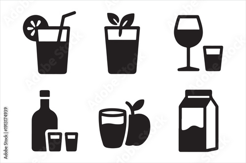 Black silhouette icons depicting various beverages and a small plant