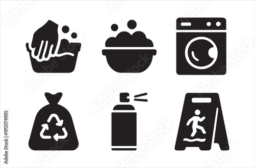 Black silhouette icons representing laundry cleaning and household chores