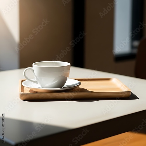 Wallpaper Mural A serene still life of a white teacup on a wooden tray Torontodigital.ca