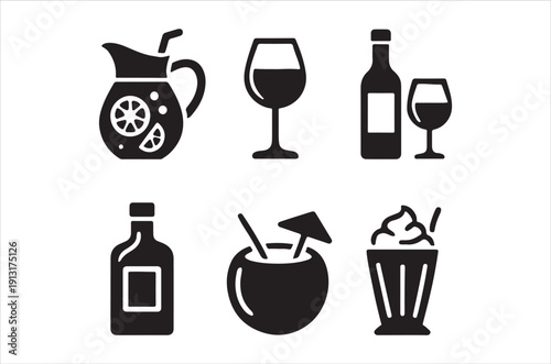 Black silhouette icons depicting various beverages and drinkware