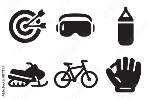 Black silhouette icons representing various sports and recreational activities