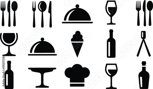 A diverse set of black silhouette icons representing food, drink, and dining utensils on white