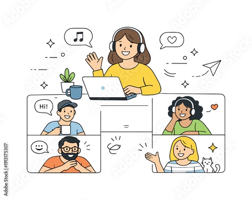 Image Generation. Remote workplace culture. A team leader hosting an informal virtual gathering, with relaxed postures and friendly expressions on screen. The