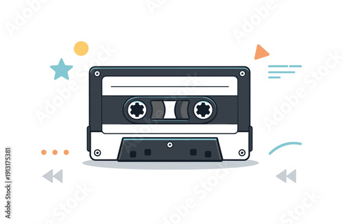 Retro Cassette Charm. Retro audio object minimal scene. A single cassette tape centered with abstract accents floating around it, soft shadow and subtle rewind
