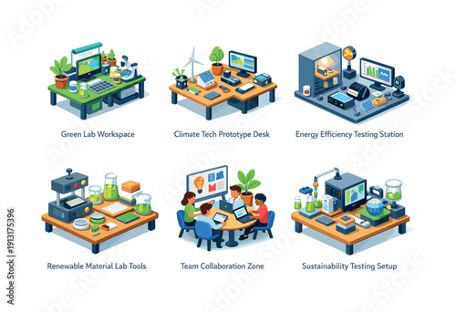 Sustainable Innovation Icons. Sustainable innovation labs. Isometric flat vector icons set of sustainable innovation labs: green lab workspace, climate tech