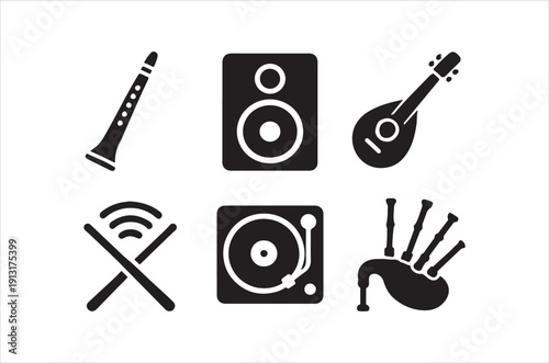 Musical instruments and audio equipment depicted in simple black icons