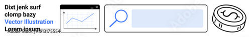 Business analysis, financial growth, data search, technology, market research, strategy development. Linear chart, magnifying glass and coin icons. Financial growth and data search