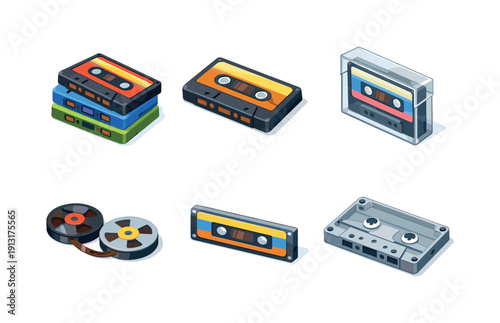 Colorful Cassette Icons. Cassette Tapes. Isometric flat vector icons set of cassette tapes: stacked cassette tapes, single cassette tape, transparent cassette