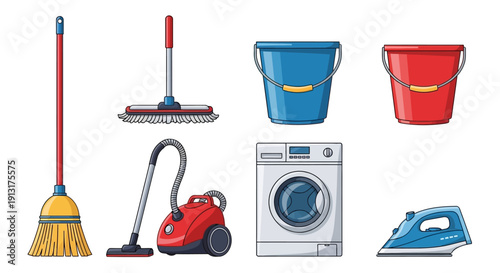 Cleaning Tools and Household Appliances Set.
