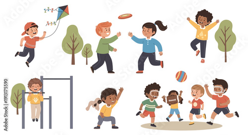 Happy Kids Playing Outdoor Activities Set - Children Flying Kite, Playing Football, Frisbee, Basketball and Swinging, Active Childhood Lifestyle Colorful Vector Illustration