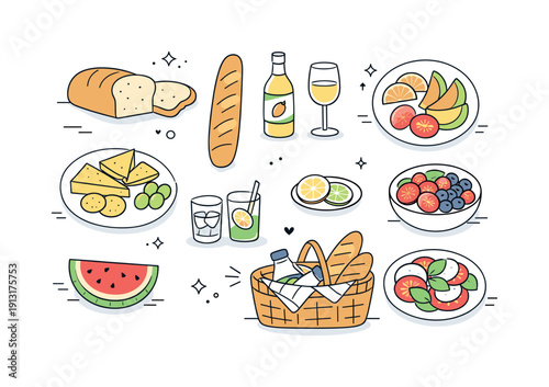 Summer picnic food flat lay. Top view of picnic foods including bread, fruit slices, cheese, and drinks arranged with plenty of white space.
