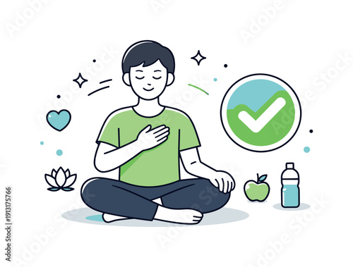 Celebrating personal wellness milestones. A person quietly acknowledging progress with a simple badge or checkmark icon. The illustration