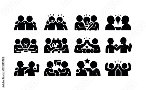 Creative friendship. Solid icon set of creative friendship: friends bonding, laughing together, shared creativity, idea sharing, artistic