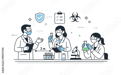 Responsible scientific work. A team discussing experiments while maintaining safety distance and proper handling of materials. Subtle symbols