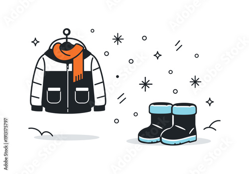 Experiencing the first snowfall of the season. A minimal editorial scene with boots, a coat, and falling snowflakes arranged harmoniously.